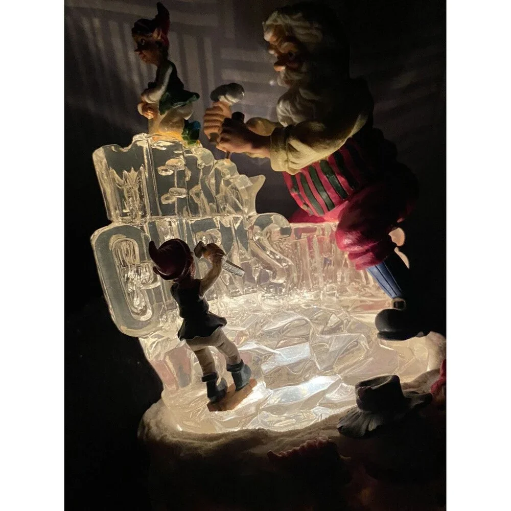 Vintage Santa Claus Elves Musical Lighted MERRY CHRISTMAS Ice Carving 7.5” Gift